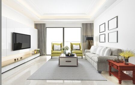 3d rendering vintage living room with red table yellow sofaの写真素材