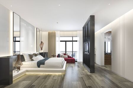 3d rendering beautiful luxury bedroom suite in hotel with tv and red sofaの写真素材