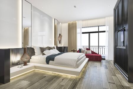 3d rendering beautiful luxury bedroom suite in hotel with tv and red sofaの写真素材