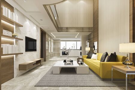 3d rendering modern dining room and yellow living room with luxury decor high ceilingの写真素材