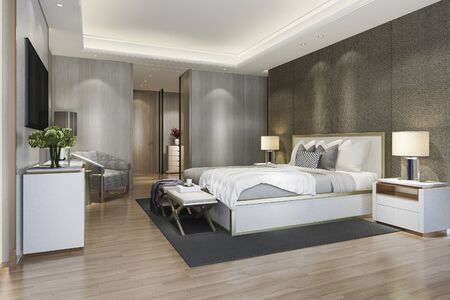 3d rendering beautiful luxury bedroom suite in hotel with tvの写真素材