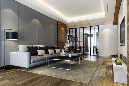 3d rendering modern dining room and kitchen with living room with luxury decorの写真素材