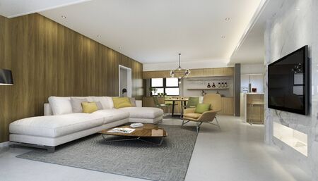 3d rendering modern dining room and kitchen with living room with luxury decorの写真素材