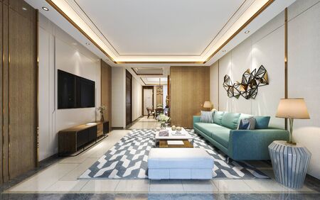 3d rendering modern dining room and living room with luxury decor and green sofaの写真素材
