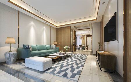 3d rendering modern dining room and living room with luxury decor and green sofaの写真素材