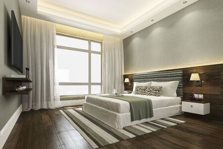 3d rendering beautiful green luxury bedroom suite in hotel with tvの写真素材