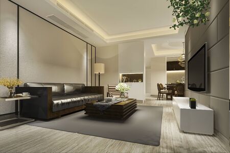 3d rendering modern dining room and living room with luxury decor and leather sofaの写真素材
