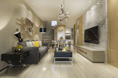 3d rendering modern loft dining room and living room with luxury decor near stair
