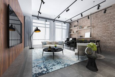 3d rendering loft luxury living room with shelf and piano and brick decorの写真素材