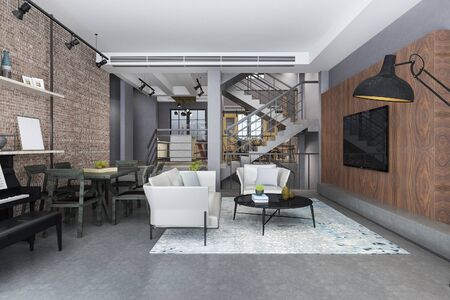 3d rendering loft luxury living room with shelf and piano and brick decor near dining room and stairの写真素材