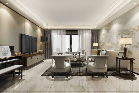 3d rendering classic warm living room with piano and armchairの写真素材