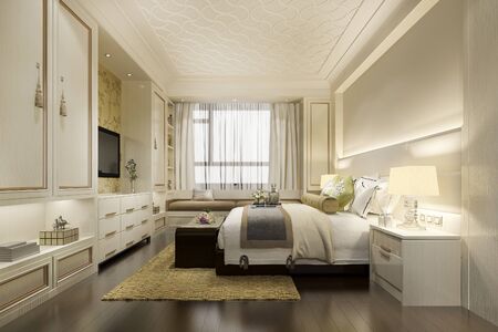 3d rendering warm luxury classic bedroom suite tv with wardrobe and closet with chinese styleの写真素材
