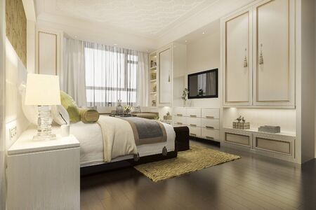 3d rendering warm luxury classic bedroom suite tv with wardrobe and closet with chinese styleの写真素材