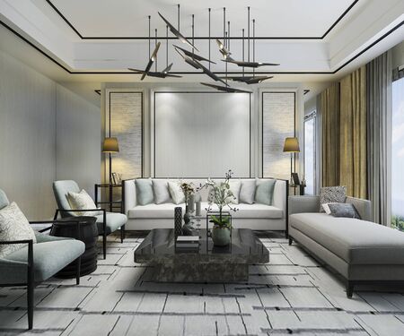 3d rendering luxury classic wall in living room with sofa and chandelierの写真素材