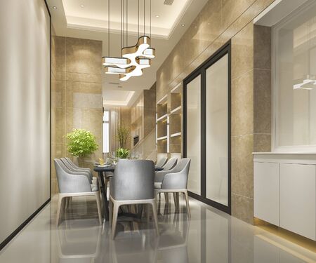 3d rendering modern and luxury dining room with chandelierの写真素材