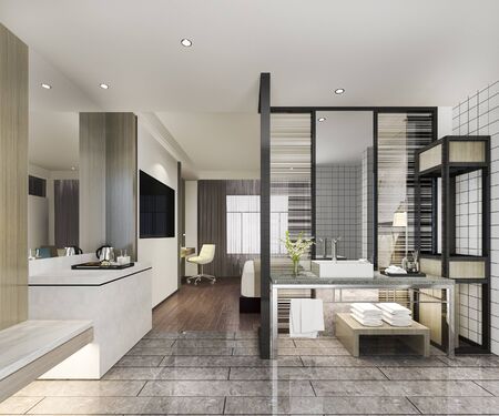 3d rendering modern luxury bedroom suite and bathroomの写真素材