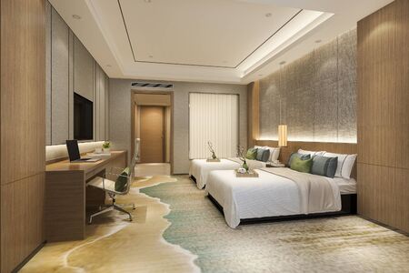 3d rendering beautiful luxury bedroom suite in hotel with tv and working tableの写真素材