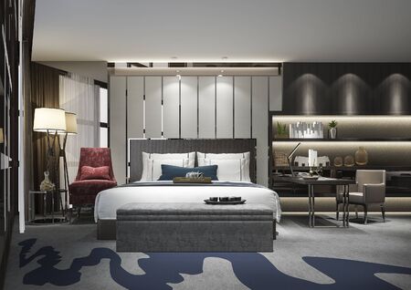 3d rendering beautiful luxury bedroom suite in hotel with tv and working table and shelf