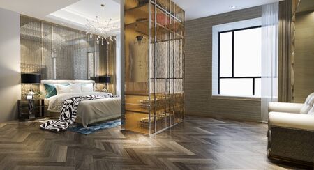 3d rendering luxury modern bedroom suite tv with wardrobe and walk in closetの写真素材