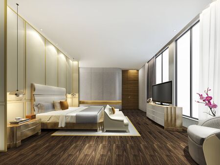 3d rendering luxury modern bedroom suite in hotel with high rise viewの写真素材