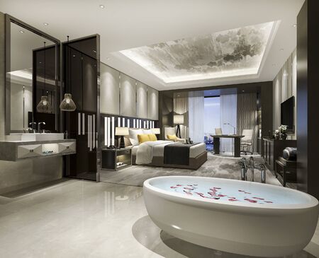 3d rendering modern luxury bedroom suite and bathroomの写真素材