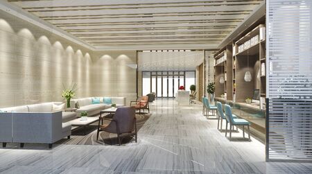 3d renering elegant lounge lobby area and library with working desk