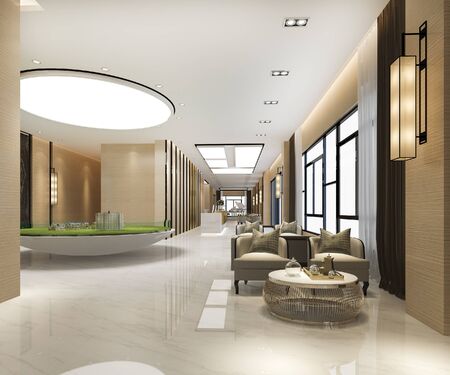 3d rendering grand luxury hotel reception hall and sales condominium centerの写真素材