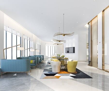 3d rendering luxury hotel reception hall with colorful sofa and chandelierの写真素材