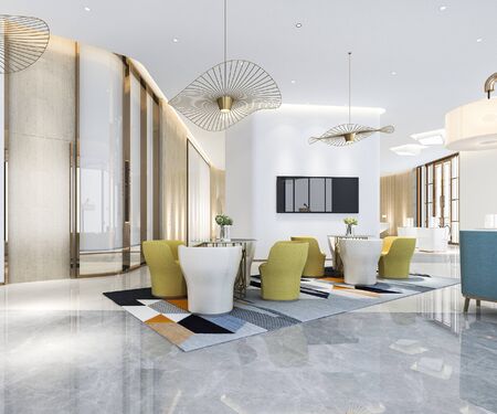 3d rendering luxury hotel reception hall with colorful sofa and chandelierの写真素材