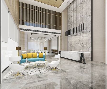 3d rendering luxury hotel reception hall with colorful sofa and chandelierの写真素材