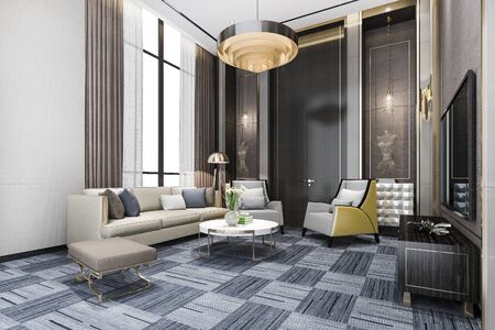 3d rendering classic luxury living room lobby lounge with chandelier and decorの写真素材