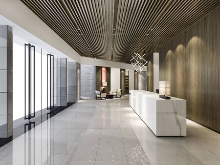 3d rendering luxury hotel reception hall and wood asian style office with modern counterの写真素材