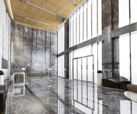 3d rendering grand luxury hotel reception hall entrance and lounge restaurant with high ceilingの写真素材