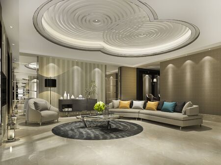 3d rendering luxury classic wall in living room with sofa and chandelierの写真素材