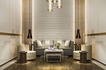 3d rendering luxury classic wall in living room with sofa and chandelierの写真素材