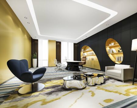 3d rendering luxury business meeting and yellow curve working room in executive office with bookshelfの写真素材
