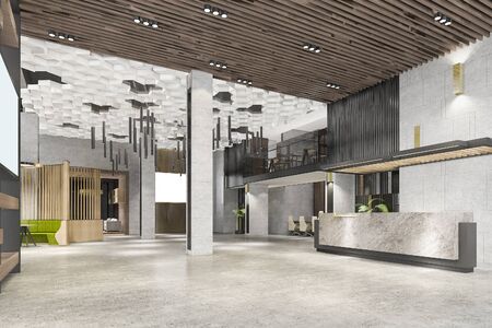3d rendering grand luxury hotel reception hall entrance and lounge restaurant with high ceilingの写真素材