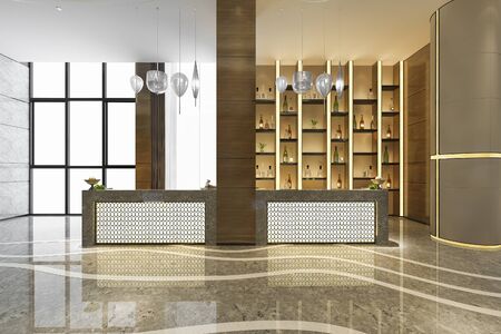 3d rendering luxury hotel reception hall and office with decor shelfの写真素材