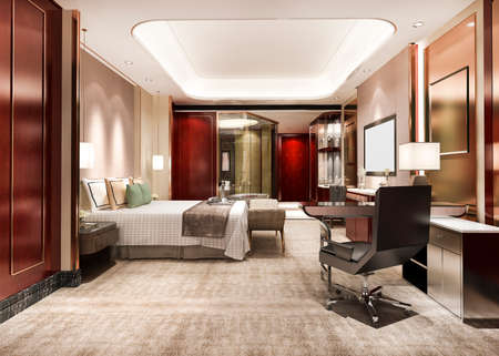 3d rendering red luxury bedroom suite in resort high rise hotel with working tableの写真素材