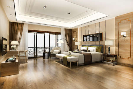 3d rendering luxury bedroom suite in resort high rise hotel with working tableの写真素材