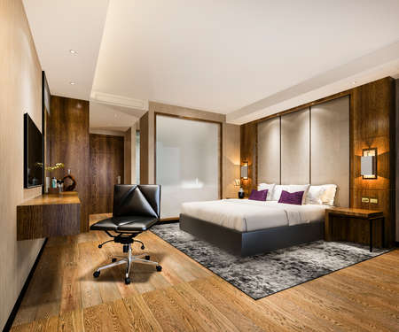 3d rendering luxury bedroom suite in resort high rise hotel with working tableの写真素材