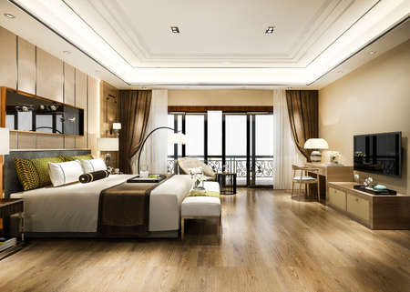 3d rendering luxury bedroom suite in resort high rise hotel with working tableの写真素材