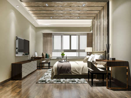3d rendering luxury bedroom suite in resort high rise hotel with working tableの写真素材