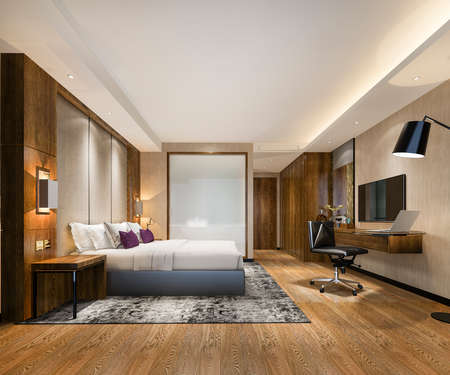 3d rendering luxury bedroom suite in resort high rise hotel with working tableの写真素材