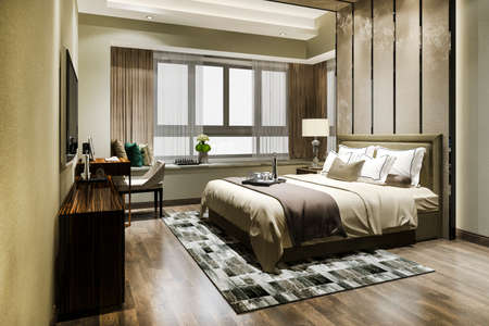 3d rendering luxury bedroom suite in resort high rise hotel with working tableの写真素材