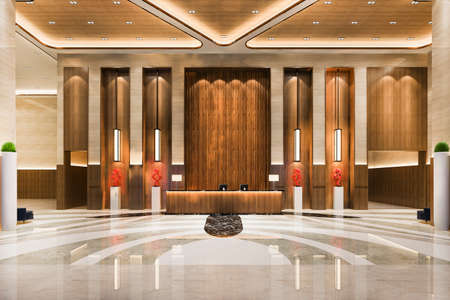 3d rendering grand luxury hotel reception hall and lounge restaurant with high ceilingの写真素材