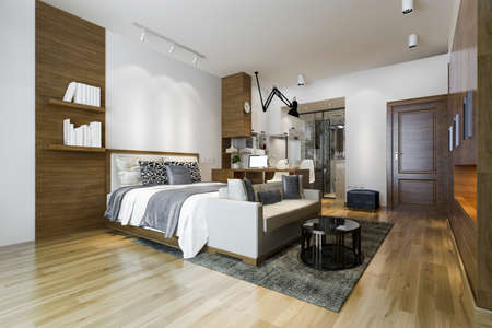 3d rendering loft luxury bedroom with working table and wardrobeの写真素材
