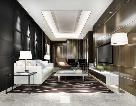3d rendering black modern dining room and living room with luxury decorの写真素材