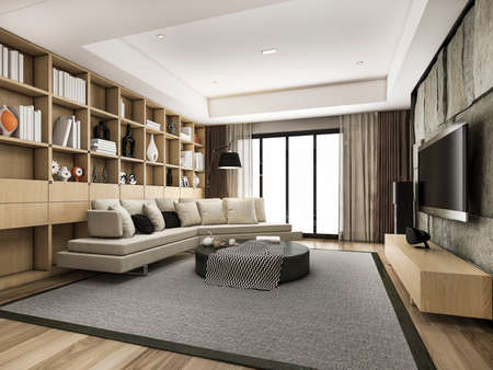 3d rendering loft scandinavian living room with pouf and bookshelfの写真素材