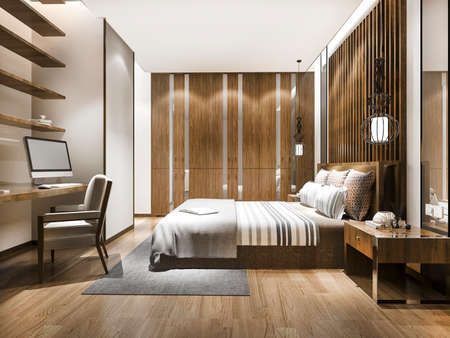3d rendering beautiful luxury bedroom suite in hotel with working tableの写真素材
